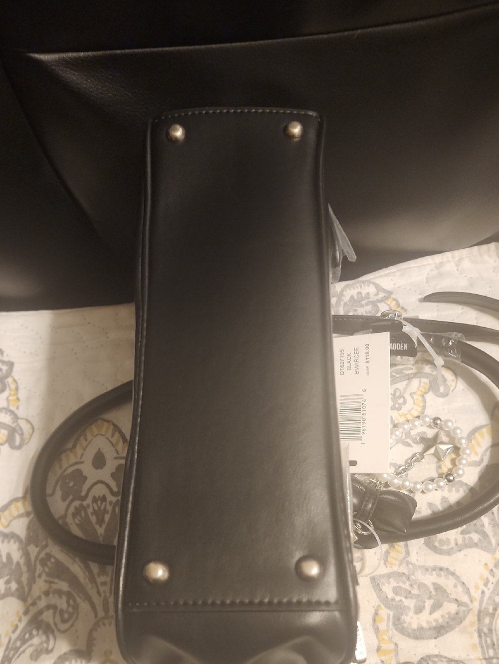 Steve Madden Black Satchel with Pearl Dangle and Bow Charm - Picture 8 of 9